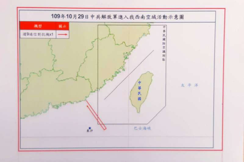 20201029-空軍司令部29日證實上午有1架共機進入我西南空域活動。（空軍司令部提供）