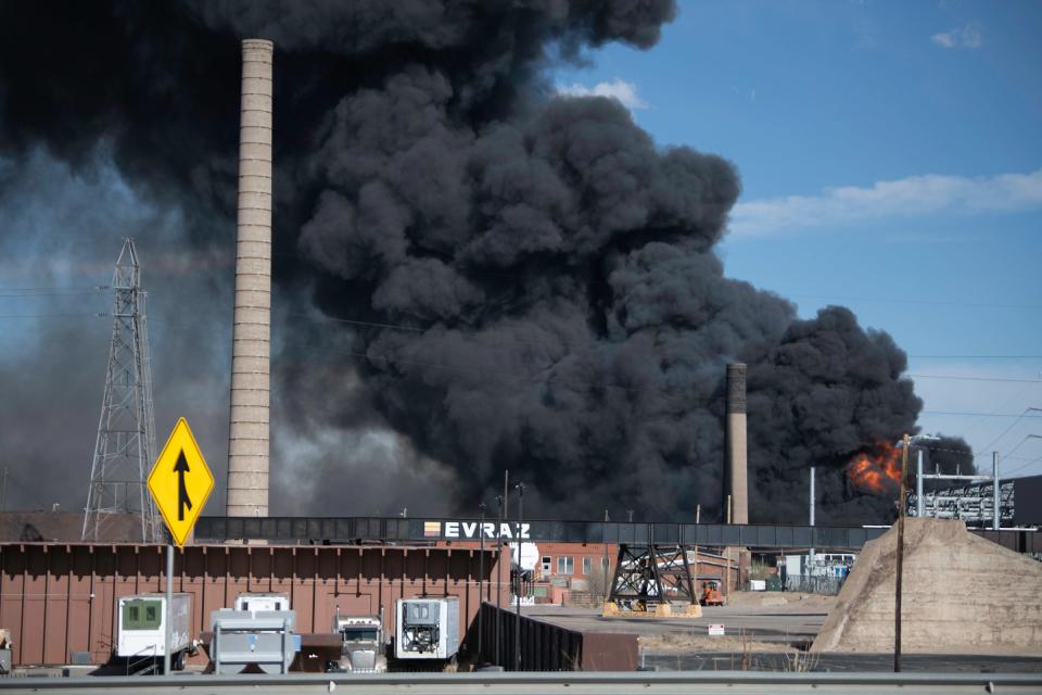 A fire rages at the Evraz Rocky Mountain Steel Mill on Friday, April 5, 2024.