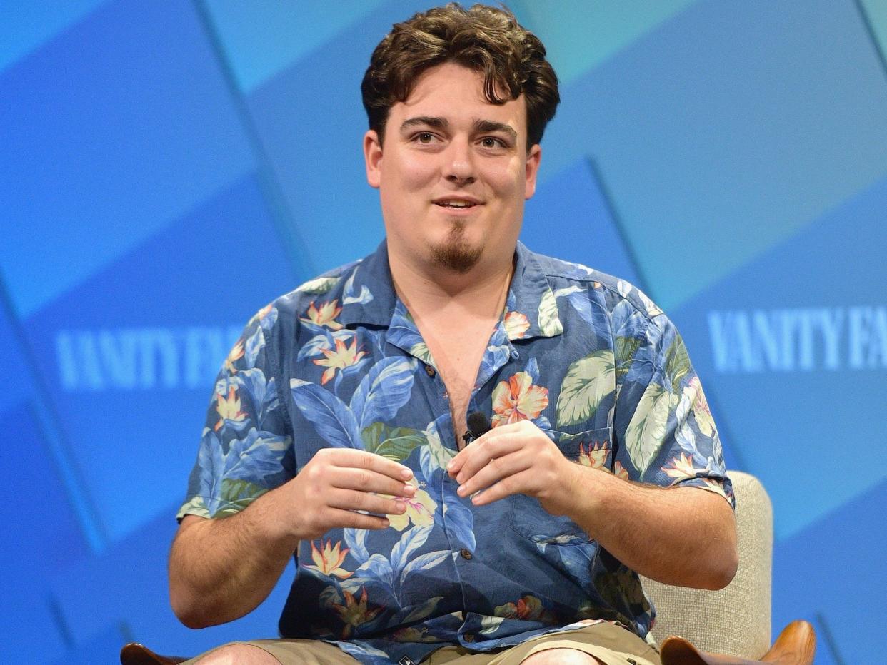 Co-Founder of Axios, Mike Allen and Founder of Anduril and Oculus VR, Palmer Luckey speak onstage at Day 2 of the Vanity Fair New Establishment Summit 2018 at The Wallis Annenberg Center for the Performing Arts on October 10, 2018 in Beverly Hills, California.