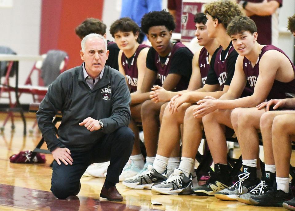 Red Bank head coach George Sourlis works the sidelines as the Bucs defeated Long Branch, 66-39, at the Albert E. Martin Buc Classic.
(Credit: Larry Murphy/Correspondent)