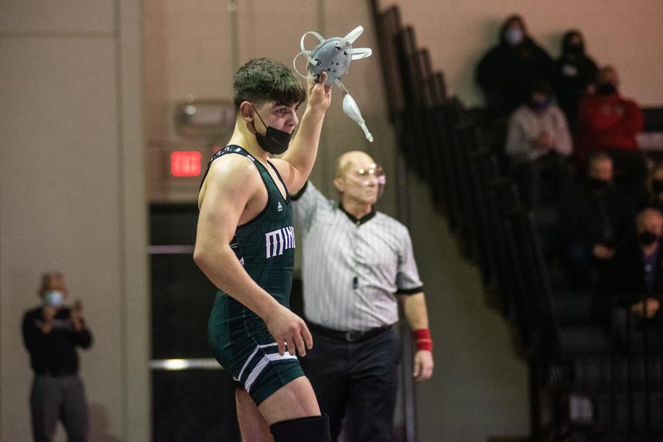 Minisink Valley's PJ Duke wins his match against Port Jervis's Ryan Ross during the Section 9 dual meet wrestling match at Minisink Valley High School in Slate Hill, NY on Tuesday, January 25, 2022. Minisink Valley defeated Port Jervis. KELLY MARSH/FOR THE TIMES HERALD-RECORD