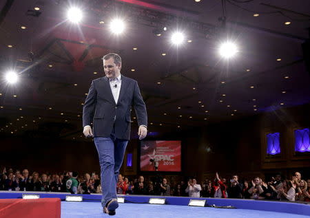 Republican U.S. presidential candidate Texas Senator Ted Cruz walks from the state at the 2016 Conservative Political Action Conference (CPAC) at National Harbor, Maryland March 4, 2016. REUTERS/Joshua Roberts