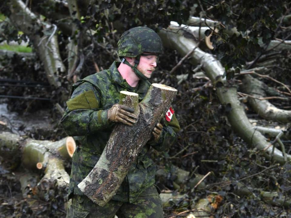 Cpl. Brandon McRae of the Cape Breton Highlanders removes brush under the direction of Nova Scotia Power officials along Steeles Hill Road in Glace Bay, N.S., on Sept. 26, 2022.  (Vaughan Merchant/The Canadian Press - image credit)