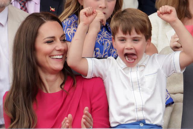 <p>CHRIS JACKSON/POOL/AFP via Getty</p> Kate Middleton and Prince Louis attend the Platinum Jubilee Pageant on June 5, 2022