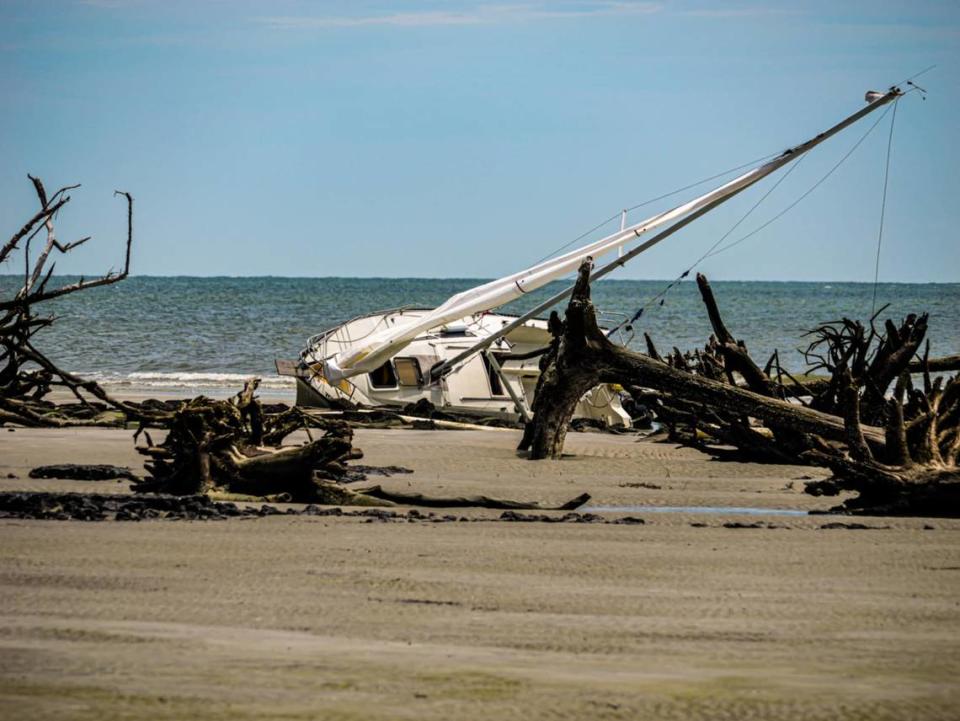 Visitors to Boneyard Beach at Hunting Island are encountering this stranded sailboat.