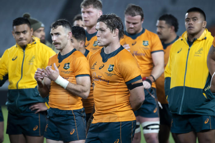 Australia's captain Michael Hooper reacts following the second Bledisloe Cup rugby test between New Zealand and Australia at Eden Park in Auckland, New Zealand, Saturday, Aug. 14, 2021. (Brett Phibbs/Photosport via AP)