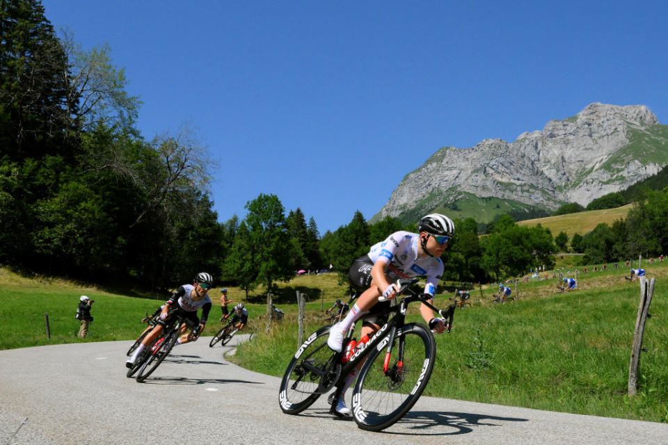 SAINTGERVAIS MONTBLANC FRANCE  JULY 16 Tadej Pogacar of Slovenia and UAE Team Emirates  White Best Young Rider Jersey competes climbing down the Col de la Forclaz de Montmin 1149m during the stage fifteen of the 110th Tour de France 2023 a 179km stage from Les Gets les Portes du Soleil to SaintGervais MontBlanc 1379m  UCIWT  on July 16 2023 in SaintGervais MontBlanc France Photo by David RamosGetty Images