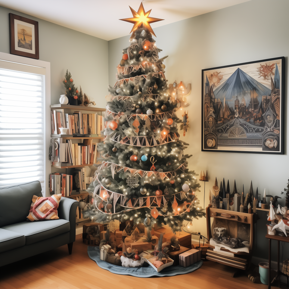 A Christmas tree near a bookshelf that's covered in soft, warm lights, tiny ornaments, and a garland all around with a star topper and some small presents underneath it