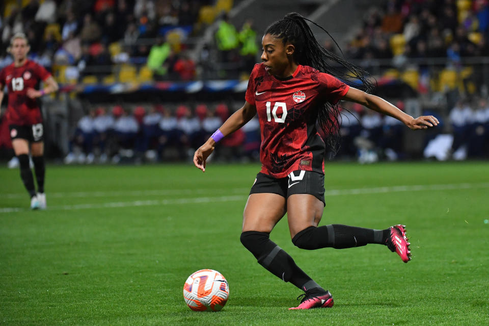 LE MANS, FRANCE - APRIL 11: Lawrence Ashley of Canada in action during an International Women's Friendly soccer match between France and Canada at Stade Marie-Marvingt stadium in Le Mans, France on April 11, 2023. (Photo by Christian Liewig - Corbis/Corbis via Getty Images)