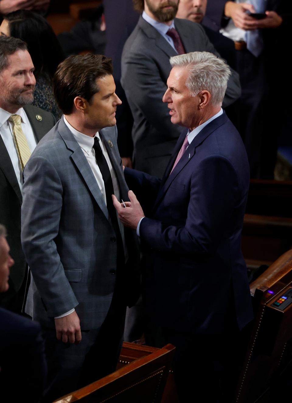 House Republican Leader Kevin McCarthy, R-Calif., talks to Rep.-elect Matt Gaetz, R-Fla., in the House Chamber during the fourth day of elections for Speaker of the House at the U.S. Capitol Building on Jan. 6, 2023 in Washington, DC. The House of Representatives is meeting to vote for the next Speaker after House Republican Leader Kevin McCarthy (R-CA) failed to earn more than 218 votes on several ballots; the first time in 100 years that the Speaker was not elected on the first ballot.