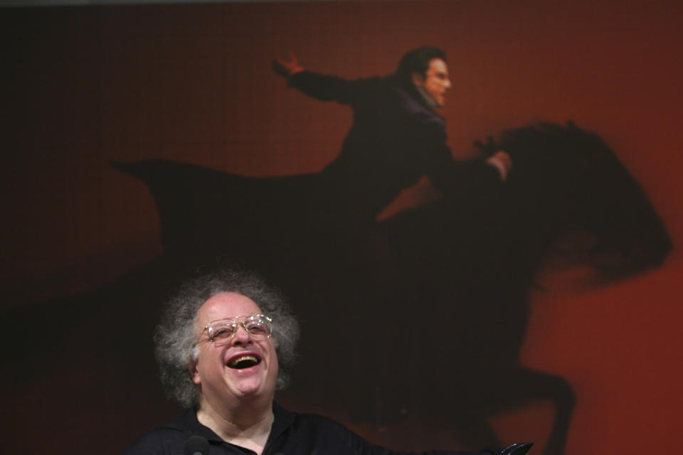 FILE - Metropolitan Opera Music Director James Levine laughs during a news conference to announce the Met's 2008-09 Performance Season, on March 4, 2008 in New York. Levine, who ruled over the Metropolitan Opera for 4 1/2 decades before being eased out when his health declined and then fired for sexual improprieties, died March 9, 2021 in Palm Springs, Calif., of natural causes, his physician of 17 years, Dr. Len Horovitz, said Wednesday, March 17. He was 77. (AP Photo/Mary Altaffer, File)