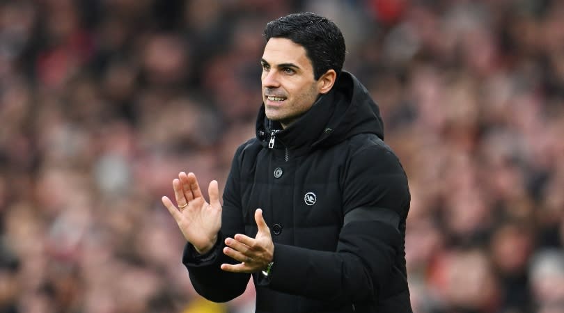  Arsenal manager Mikel Arteta gestures during the Gunners' 1-1 draw with Brentford in February 2023. 