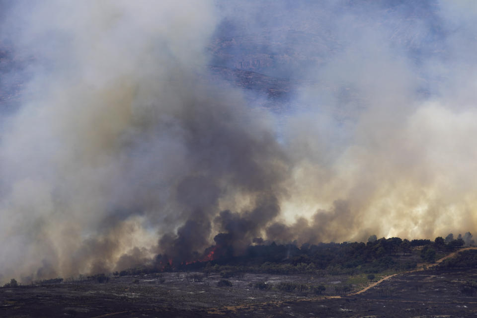 A forest burns during a wildfire near Altura, eastern Spain, on Friday, Aug. 19, 2022. Up to early August, 43 large wildfires — those affecting at least 500 hectares (1,235 acres) — were recorded in the Mediterranean country by the Ministry for Ecological transition, while the average in previous years was 11. The European Forest Fire Information System estimates a burned surface of 284,764 hectares (704,000 acres) in Spain this year. That's four times higher than the average since records began in 2006. (AP Photo/Alberto Saiz)