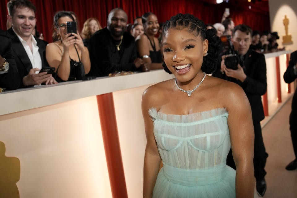 Halle Bailey arrives at the Oscars on Sunday, March 12, 2023, at the Dolby Theatre in Los Angeles. (AP Photo/John Locher)