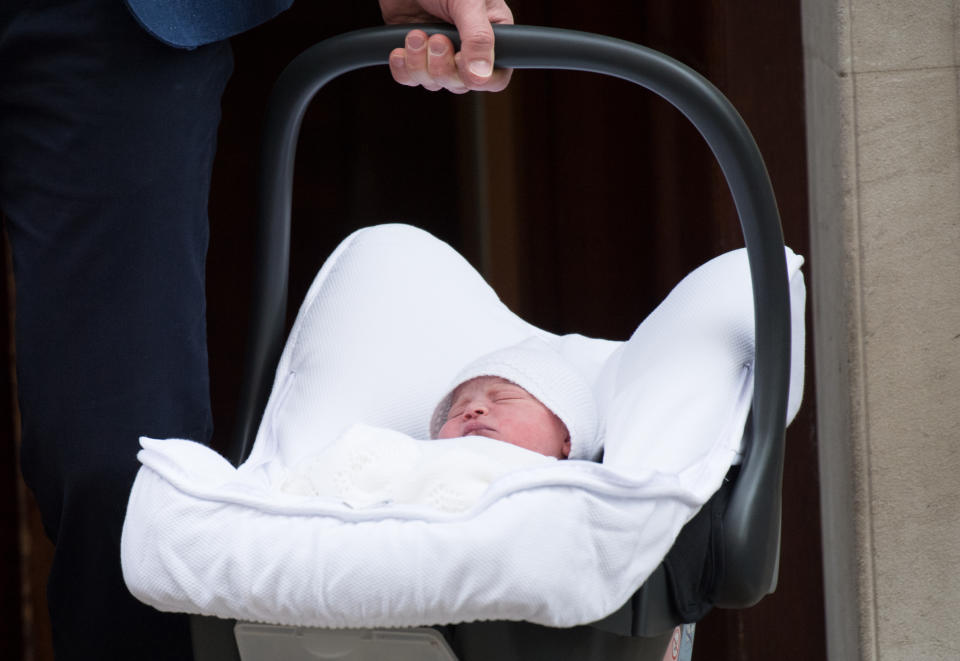 The newborn royal baby is seen as Catherine, Duchess of Cambridge and Prince William, Duke of Cambridge depart the Lindo Wing with their newborn son Prince Louis of Cambridge at St Mary's Hospital on April 23, 2018 in London, England. The Duchess safely delivered a son at 11:01 am, weighing 8lbs 7oz, who will be fifth in line to the throne. (Photo by Anwar Hussein/WireImage)