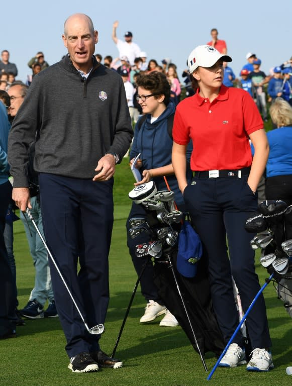 USA's Ryder Cup captains Jim Furyk (L), seen during the 2018 Ryder Cup media day at the Golf National in Guyancourt, near Paris, the venue of the event, on October 16, 2017