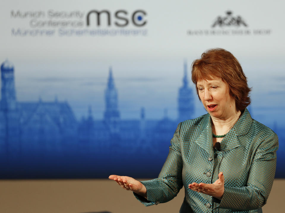 European Union Foreign Policy Chief Catherine Ashton attends a panel discussion during the 50th Security Conference in Munich, Germany, Sunday, Feb. 2, 2014. (AP Photo/Frank Augstein)