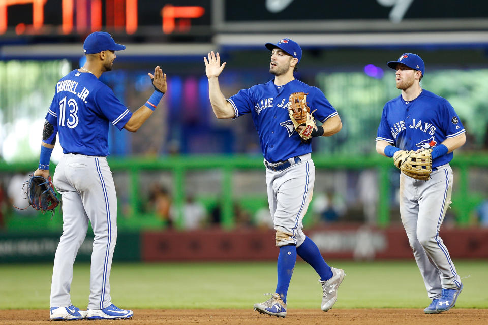 MIAMI, FL - SEPTEMBER 02:  Randal Grichuk #15 of the Toronto Blue Jays celebrates with Lourdes Gurriel Jr. #13 after they defeated the Miami Marlins 6-1 at Marlins Park on September 2, 2018 in Miami, Florida.  (Photo by Michael Reaves/Getty Images)