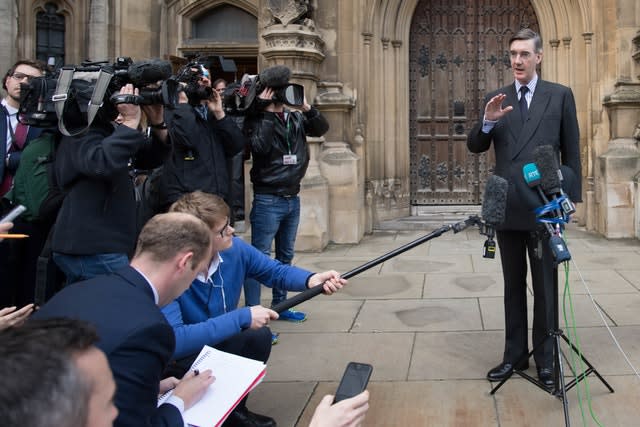 Jacob Rees-Mogg speaking outside the House of Commons after submitting his letter of no confidence in the Prime Minister (Stefan Rousseau/PA)