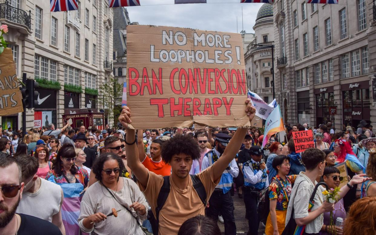 A demonstration during Trans Pride in London in 2023 calling for a conversion therapy ban