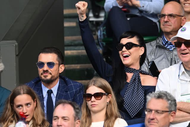 <p>Karwai Tang/WireImage</p> Orlando Bloom and Katy Perry at Wimbledon on July 5, 2023