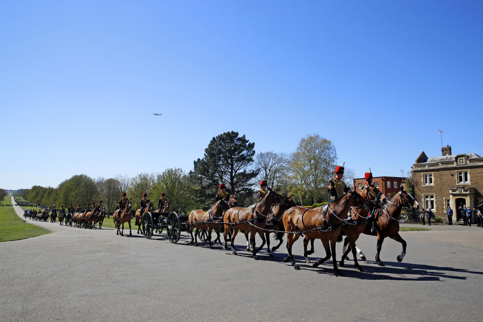 WINDSOR, ENGLAND - APRIL 17: Kings Troop Royal Horse Artillery make their way up The Long Walk towards Windsor Castle ahead of the funeral of Prince Philip, Duke of Edinburgh on April 17, 2021 in Windsor, England. Prince Philip of Greece and Denmark was born 10 June 1921, in Greece. He served in the British Royal Navy and fought in WWII. He married the then Princess Elizabeth on 20 November 1947 and was created Duke of Edinburgh, Earl of Merioneth, and Baron Greenwich by King VI. He served as Prince Consort to Queen Elizabeth II until his death on April 9 2021, months short of his 100th birthday. His funeral takes place today at Windsor Castle with only 30 guests invited due to Coronavirus pandemic restrictions. (Photo by Phil Noble/WPA Pool/Getty Images)