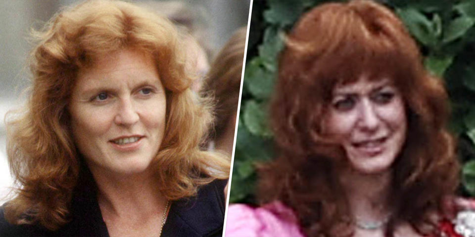 (Left) Sarah, Duchess of York. (Right) Emma Laird Craig as Sarah, Duchess of York. (Getty Images, Splash News)