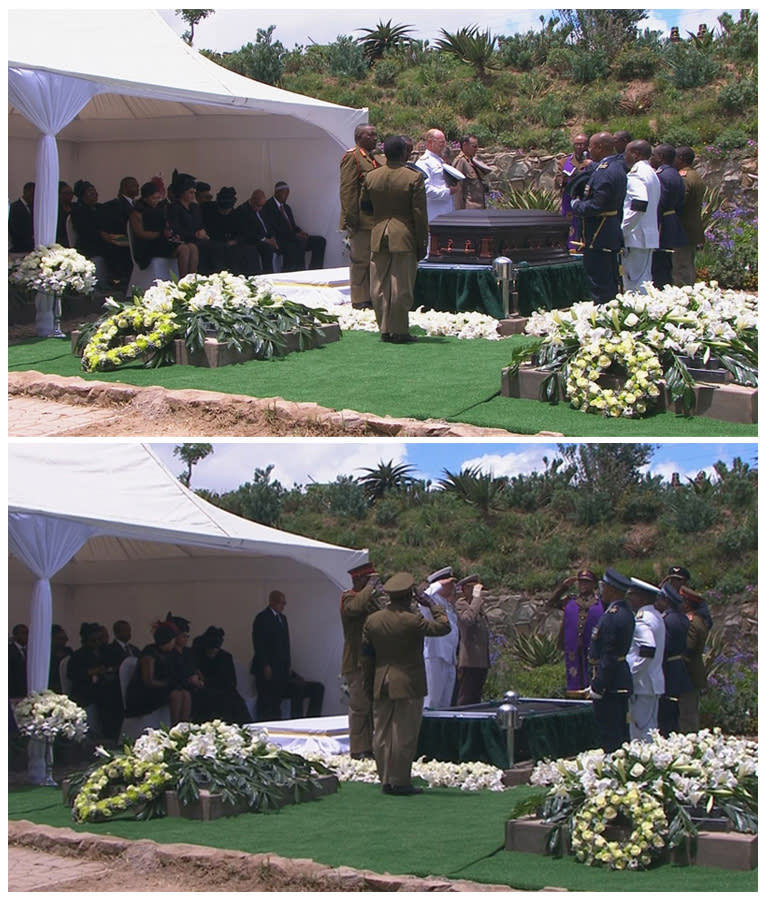 A combination photo shows a member of military speaking before the burial of former South African President Nelson Mandela (top), and military personnel saluting after the burial in Mandela's ancestral village of Qunu in the Eastern Cape province, 900 km (559 miles) south of Johannesburg, in this still image taken from December 15, 2013 video courtesy of the South Africa Broadcasting Corporation (SABC). REUTERS/SABC via Reuters TV (SOUTH AFRICA - Tags: POLITICS OBITUARY TPX IMAGES OF THE DAY) ATTENTION EDITORS - FOR EDITORIAL USE ONLY. NOT FOR SALE FOR MARKETING OR ADVERTISING CAMPAIGNS. NO SALES. NO ARCHIVES. SOUTH AFRICA OUT. NO COMMERCIAL OR EDITORIAL SALES IN SOUTH AFRICA. THIS PICTURE WAS PROCESSED BY REUTERS TO ENHANCE QUALITY