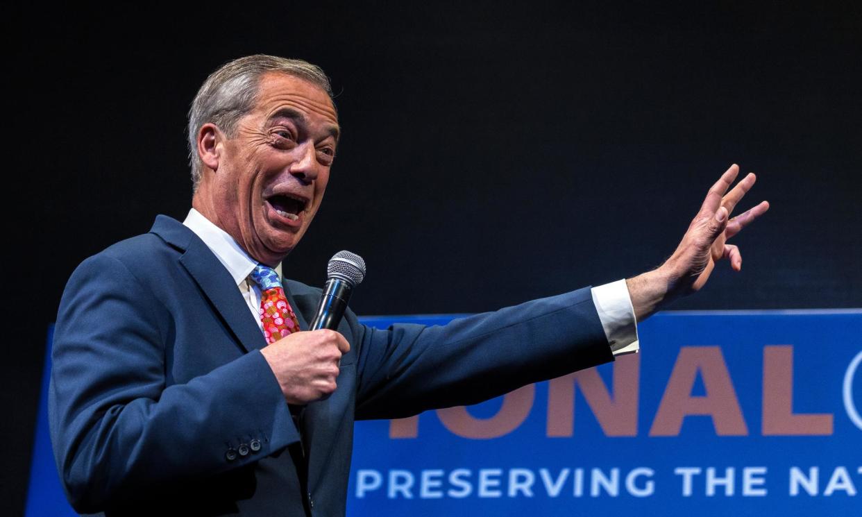 <span>Nigel Farage during his speech at the National Conservatism conference in Brussels.</span><span>Photograph: Omar Havana/Getty Images</span>