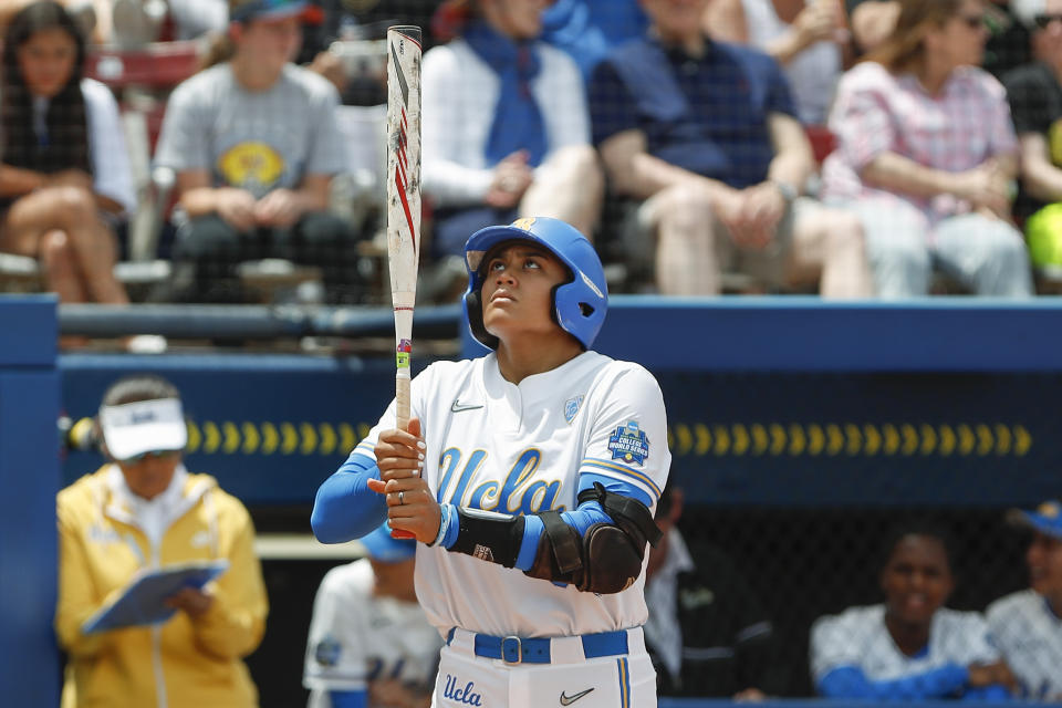 UCLA's Megan Faraimo (8) prepares to bat against Florida during the second inning of an NCAA softball Women's College World Series game on Sunday, June 5, 2022, in Oklahoma City. (AP Photo/Alonzo Adams)