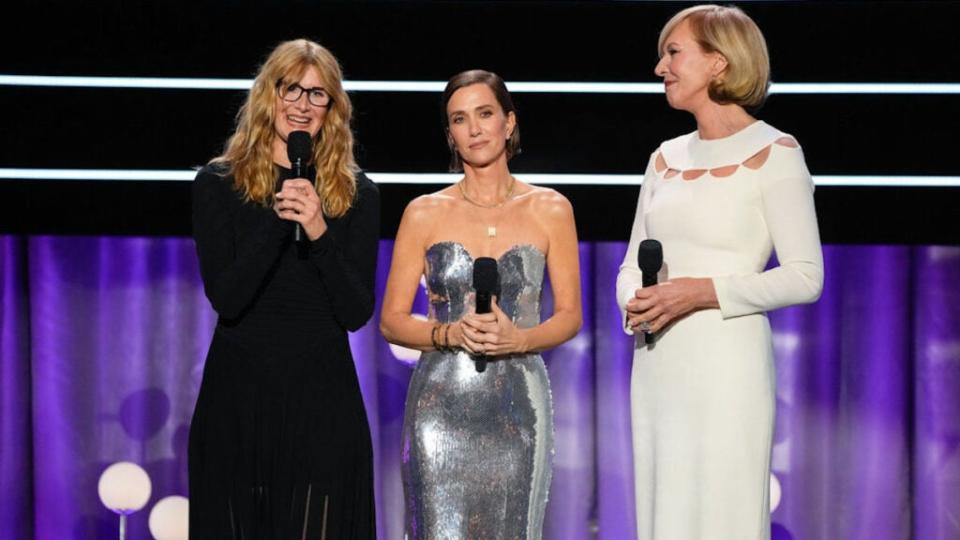 Laura Dern, Kristen Wiig and Allison Janney, co-stars of Burnett’s on the upcoming Apple TV+ series “Mrs American Pie,” in “Carol Burnett: 90 Years of Laughter + Love.”