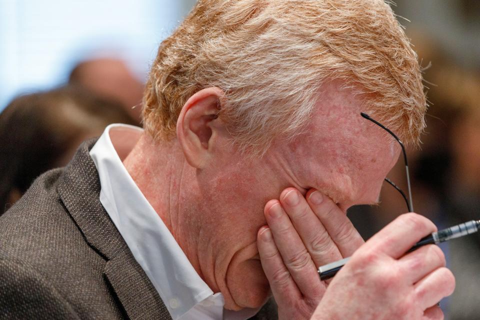 Alex Murdaugh becomes emotional during his trial at the Colleton County Courthouse in Walterboro, Thursday, Feb. 16, 2023. Grace Beahm Alford/The Post and Courier/Pool