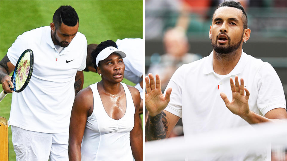 Nick Kyrgios (pictured right) during his mixed double's match with Venus Williams (pictured left) and (pictured right) apologising the crowd.