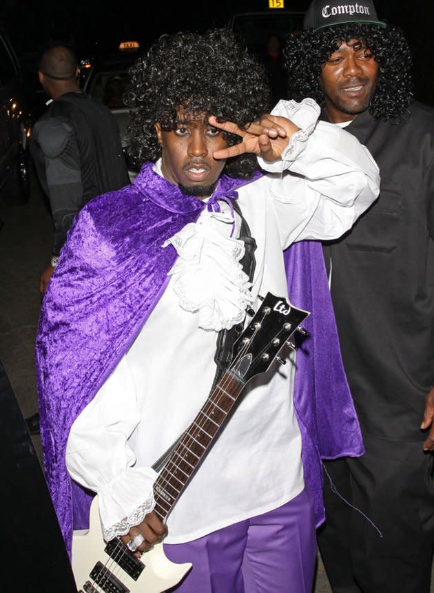 Though he was involved in a pretty serious car accident last Wednesday, Sean "P. Diddy" Combs didn’t let that stop him from having Halloween fun over the weekend. For a party at the Playboy mansion on Saturday night, he channeled fellow musician Prince from his "Purple Rain" days and even brought along a guitar. (10/27/2012)