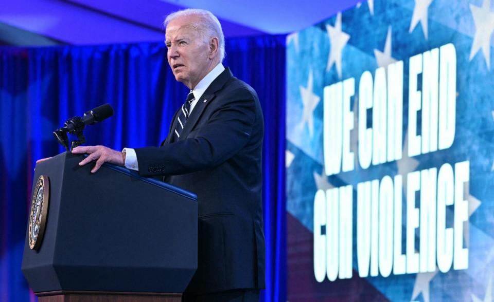 PHOTO: President Joe Biden speaks about gun safety at the Washington Hilton in Washington, D.C., on June 11, 2024.  (Saul Loeb/AFP via Getty Images)