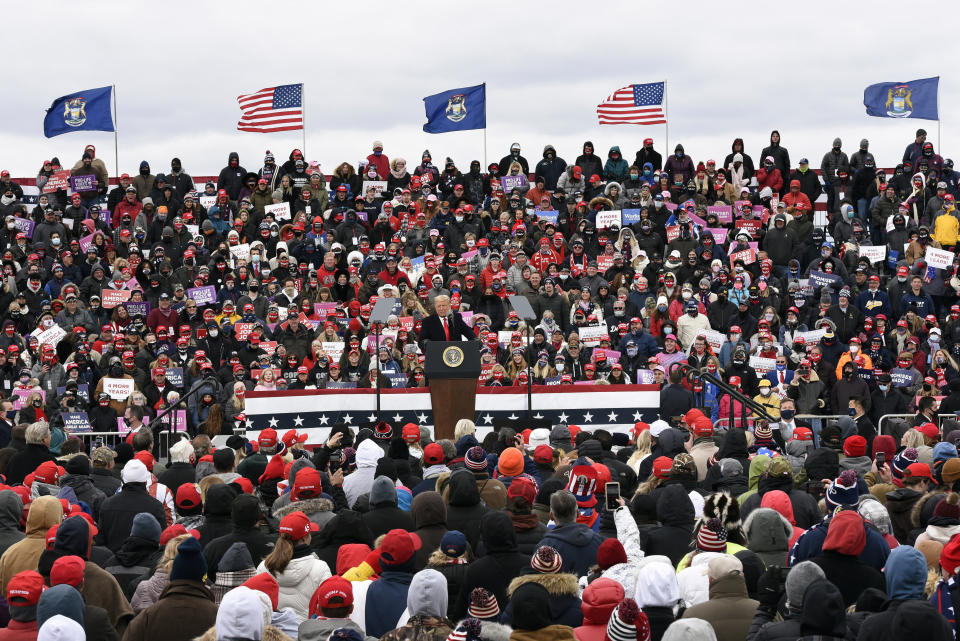 President Donald Trump speaks at a campaign rally at Oakland County International Airport, Friday, Oct. 30, 2020, in Waterford Township, Mich. (AP Photo/Jose Juarez)