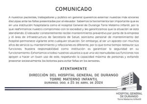 Comunicado oficial del Hospital Materno Infantil ante fallas de elevador 