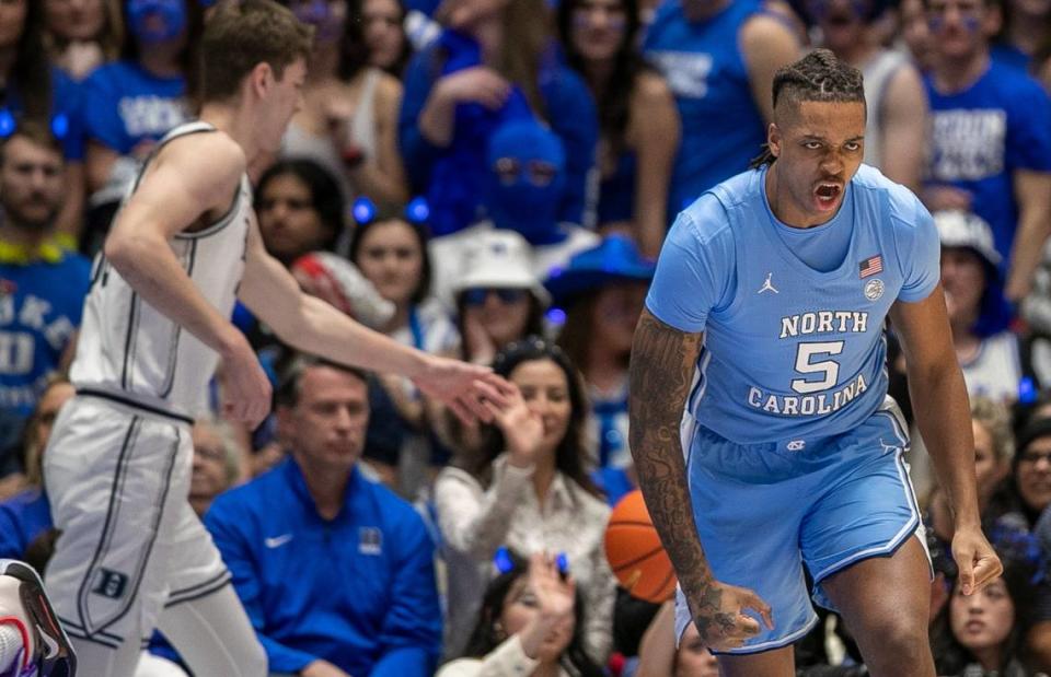 North Carolina’s Armando Bacot (5) reacts after a basket in the first half against Duke on Saturday, February 4, 2023 at Cameron Indoor Stadium in Durham, N.C.