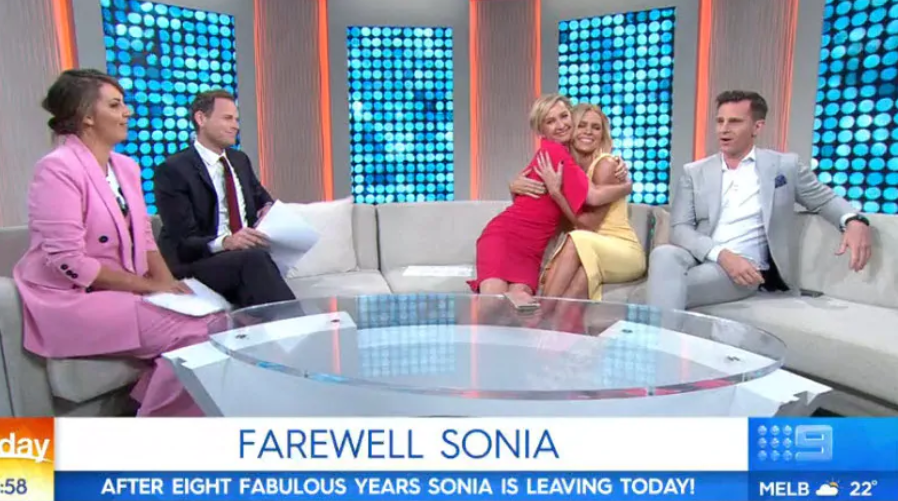 Deb Knight gives Sonia a warm hug on her last day at Channel Nine. Photo: Channel Nine.