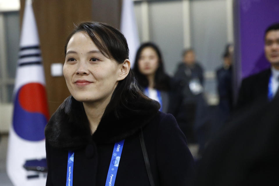 FILE- In this Feb. 9, 2018 file photo, Kim Yo Jong, sister of North Korean leader Kim Jong Un, arrives at the opening ceremony of the 2018 Winter Olympics in Pyeongchang, South Korea. Kim Yo Jong became the first member of the ruling Kim family to visit Seoul in February, when she attended the Winter Olympics in South Korea as a special envoy and conveyed Kim’s desire for an inter-Korean summit with Moon. (AP Photo/Patrick Semansky, Pool, File)