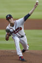 Atlanta Braves starting pitcher Max Fried (54) works against the Toronto Blue Jays in the first inning of a baseball game Tuesday, Aug. 4, 2020, in Atlanta. (AP Photo/John Bazemore)