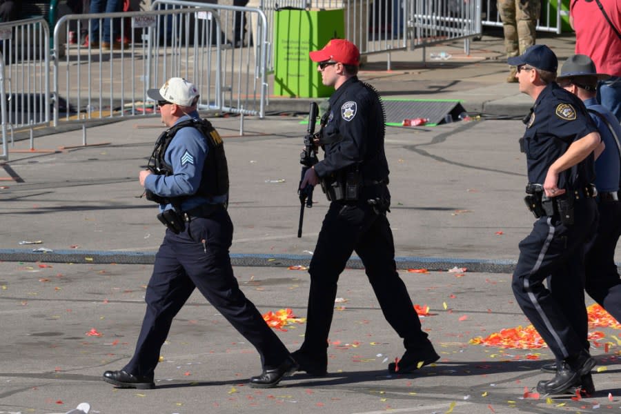 Law enforcement personnel arrive at Union Station following a shooting at the Kansas City Chiefs NFL football Super Bowl celebration in Kansas City, Mo., Wednesday, Feb. 14, 2024. Multiple people were injured, a fire official said.(AP Photo/Reed Hoffmann)