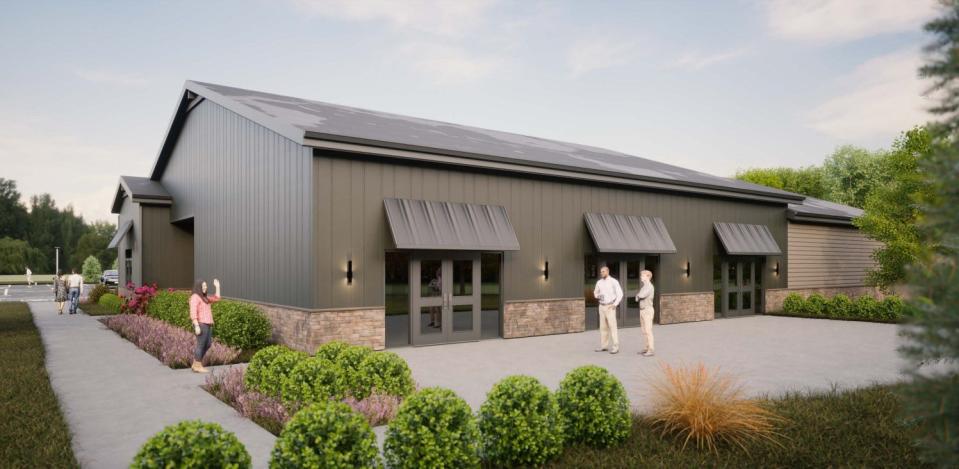 A rendering of the proposed Streetsboro Community Center, as presented by the architectural firm Levelheads, shows an exterior view of the structure.