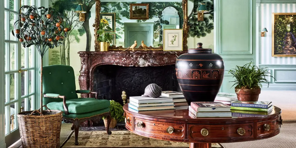 green living room with antiques