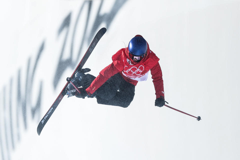 China's Eileen Gu performs a trick during the freeski halfpipe final at the Winter Olympics at Genting Snow Park on February 18, 2022 in Zhangjiakou, China. (Liu Lu/VCG via Getty Images)