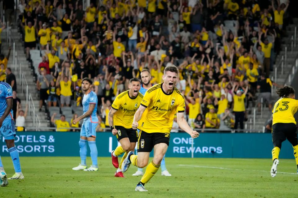 Jul 8, 2023; Columbus, Ohio, USA;  Columbus Crew midfielder Sean Zawadzki (25) reacts to scoring a goal during the second half of the MLS soccer match against the New York City FC at Lower.com Field. The Crew tied 1-1.