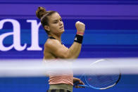 Maria Sakkari, of Greece, reacts after winning the first set against Karolina Pliskova, of the Czech Republic, during the quarterfinals of the U.S. Open tennis tournament Wednesday, Sept. 8, 2021, in New York. (AP Photo/Frank Franklin II)