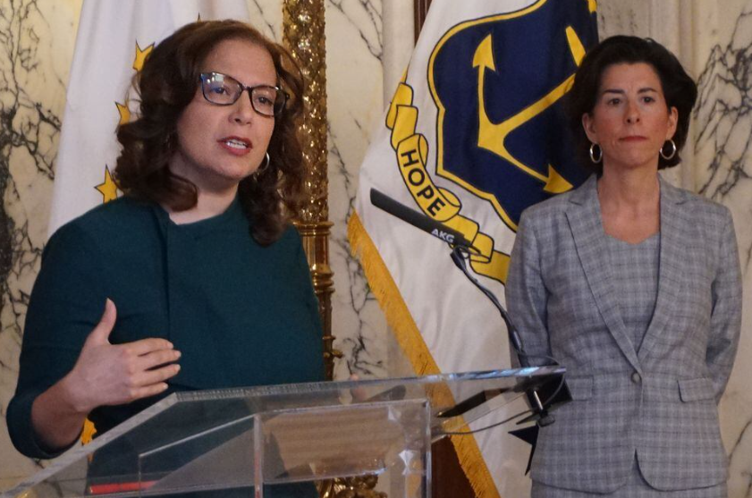 In 2020, Rhode Island education Commissioner Angélica Infante-Green, left, participated in daily COVID briefings with then-Gov. Gina Raimondo. (Rhode Island Department of Education)
