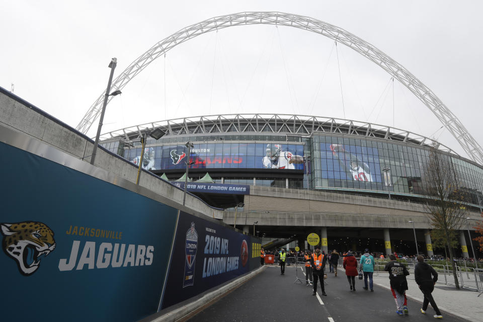 London's Wembley Stadium has hosted a plethora of NFL games over the past several years. There will not be any international NFL games in 2020 due to the coronavirus pandemic. (AP Photo/Kirsty Wigglesworth)