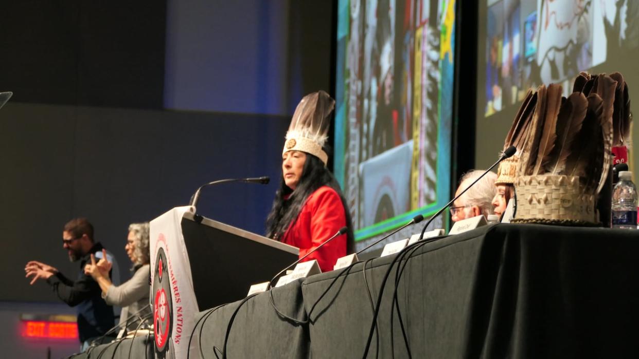 Interim Assembly of First Nations National Chief Joanna Bernard speaks to delegates on Tuesday at the Shaw Centre in Ottawa. (Fenn Mayes/CBC - image credit)
